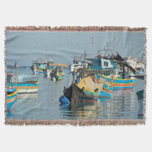 Maltese Fishing Boats Marsaxlokk In Malta Throw Blanket