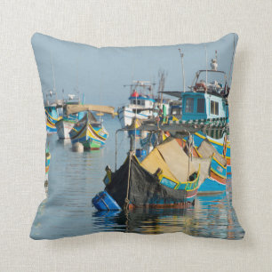 Maltese Fishing Boats   Marsaxlokk In Malta Throw Pillow
