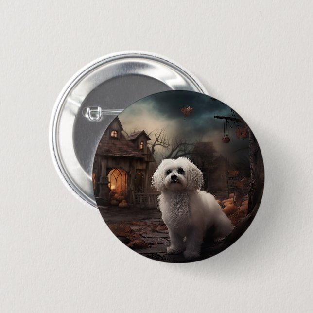 Maltese Halloween Scary 2 Inch Round Button (Front & Back)