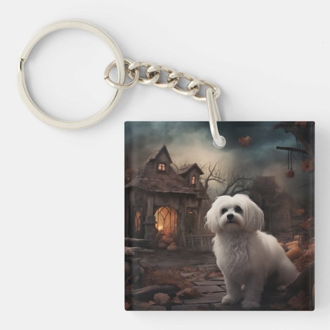 Maltese Halloween Scary Keychain (Front)