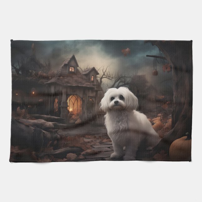 Maltese Halloween Scary Kitchen Towel (Horizontal)
