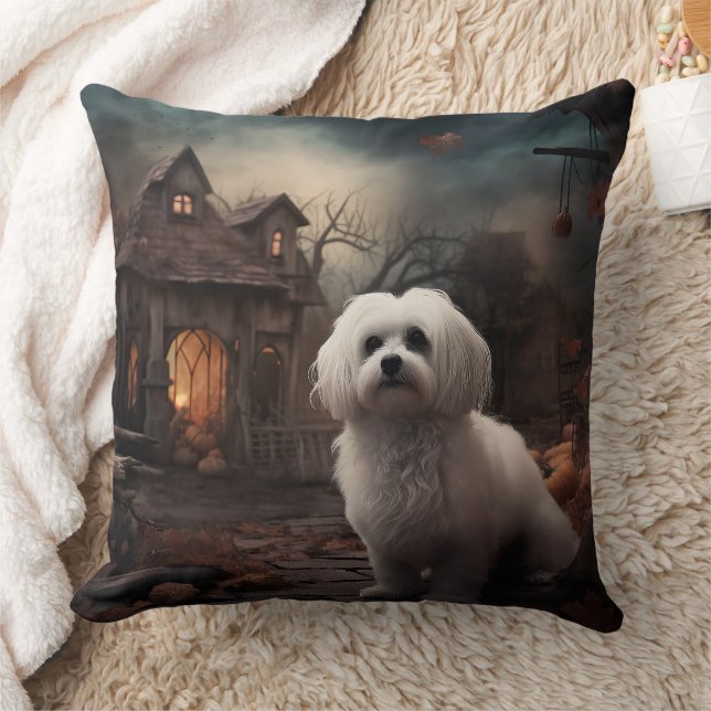 Maltese Halloween Scary Throw Pillow (Blanket)