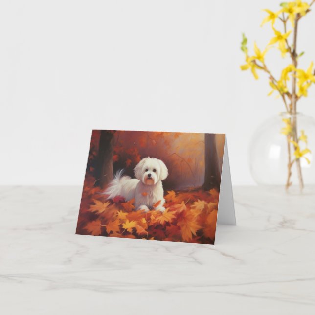 Maltese in Autumn Leaves Fall Inspire  Card (Yellow Flower)