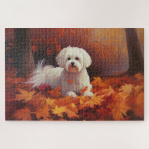 Maltese in Autumn Leaves Fall Inspire  Jigsaw Puzzle