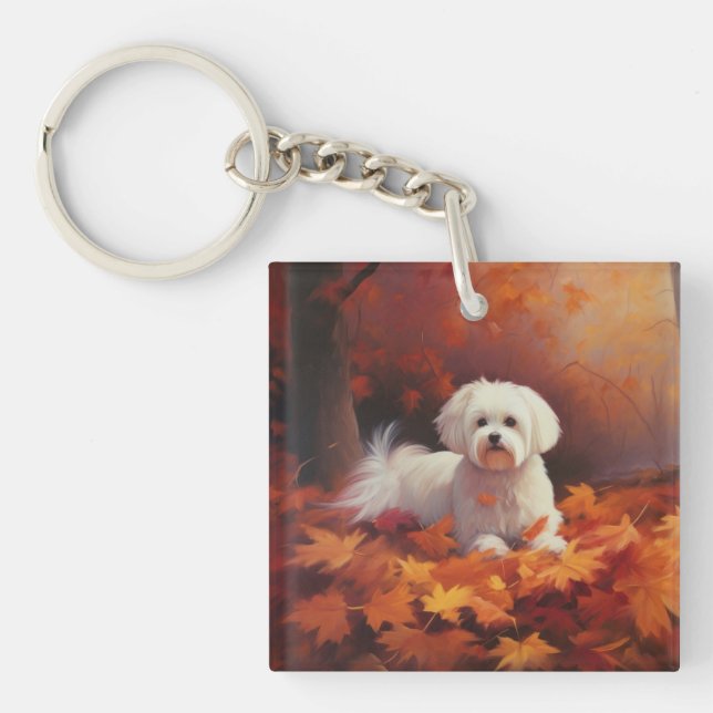 Maltese in Autumn Leaves Fall Inspire  Keychain (Front)