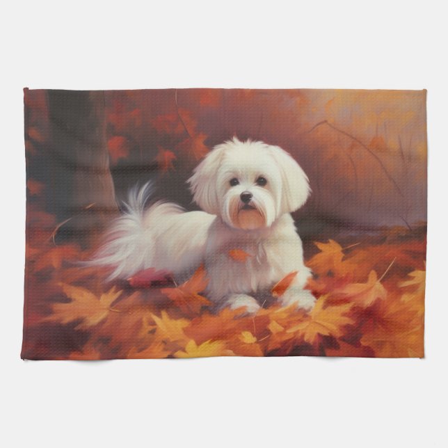 Maltese in Autumn Leaves Fall Inspire  Kitchen Towel (Horizontal)