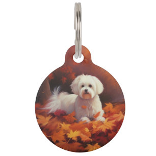 Maltese in Autumn Leaves Fall Inspire  Pet Tag