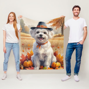 Maltese In Autumn Leaves Thanksgiving Art Fleece Blanket