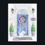 Maltese Moving Announcement Postcard<br><div class="desc">Announce your new address with our stylish announcement featuring a Maltese,  blue front door,  welcome mat,  slate sign,  topiaries and a floral wreath set on a grey brick background.</div>