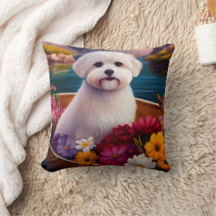 Maltese on a Paddle: A Scenic Adventure Throw Pillow