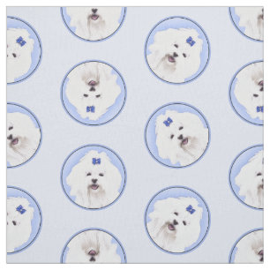 Maltese Painting Blue Bow Cute Original Dog Art Fabric
