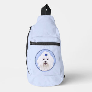 Maltese Painting Blue Bow Cute Original Dog Art Sling Bag