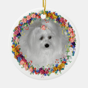 Maltese Pampered with Flowers Ceramic Ornament