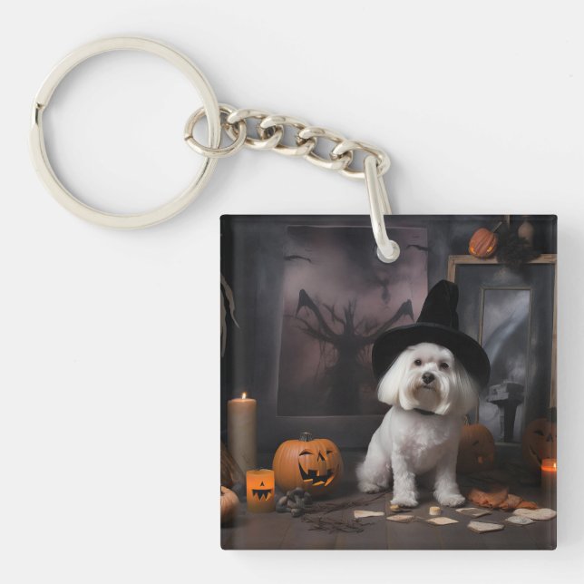 Maltese Pumpkins Halloween Scary  Keychain (Front)