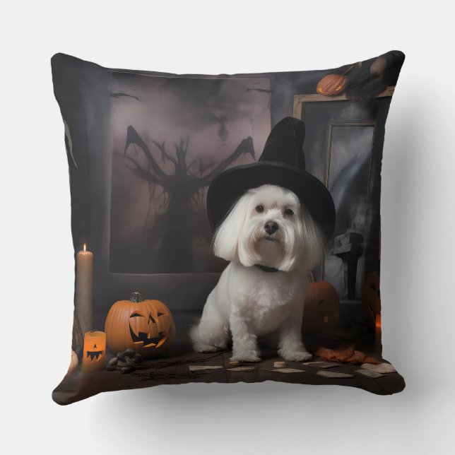 Maltese Pumpkins Halloween Scary  Throw Pillow (Back)