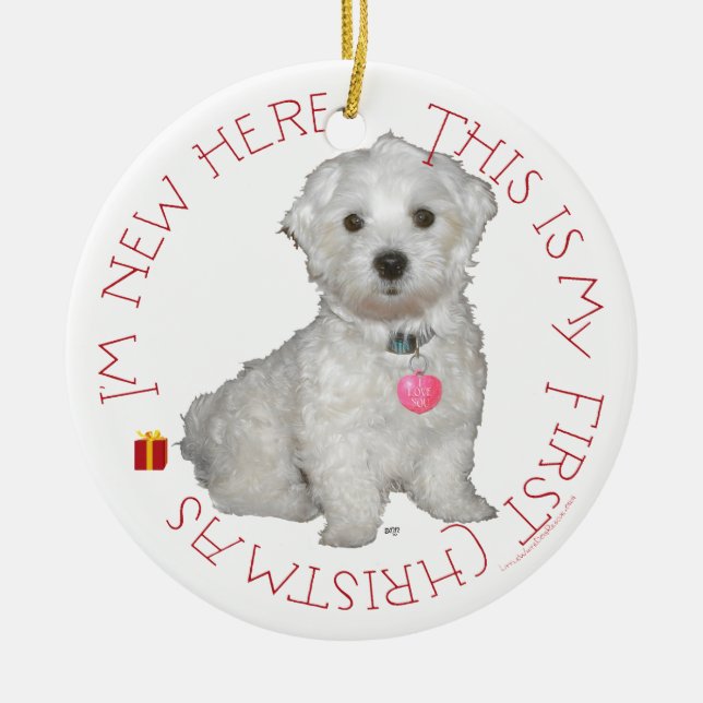 Maltese Pup First Christmas Ceramic Ornament (Front)