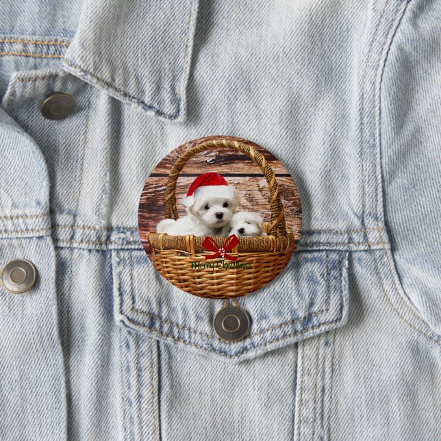 Maltese Puppies in a Christmas Basket 3 Inch Round Button (In Situ)