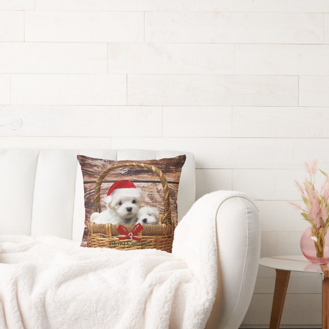 Maltese Puppies in a Christmas Basket Throw Pillow (Couch)