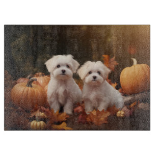 Maltese Puppy Autumn Delight Pumpkin Cutting Board