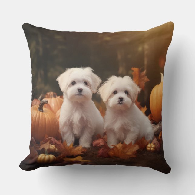 Maltese Puppy Autumn Delight Pumpkin  Throw Pillow (Front)