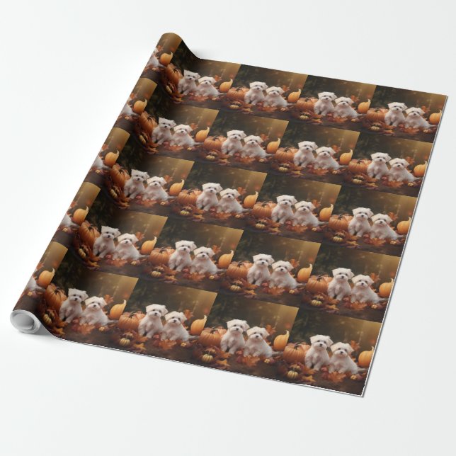 Maltese Puppy Autumn Delight Pumpkin  Wrapping Paper (Unrolled)