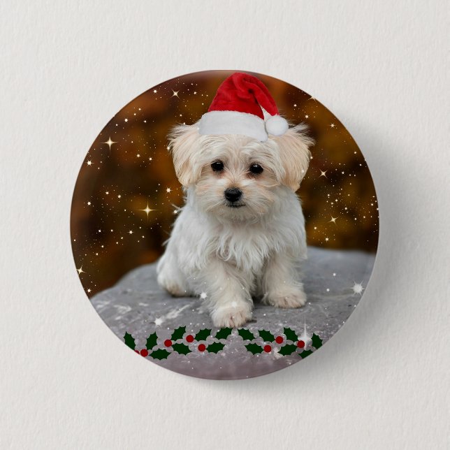 Maltese Puppy Christmas 2 Inch Round Button (Front)