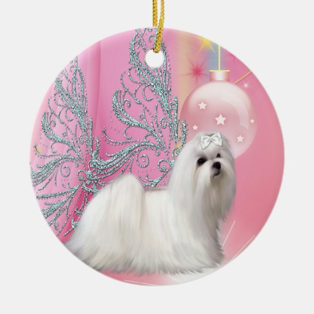 Maltese Puppy Dog Pink Christmas Ornament (Front)