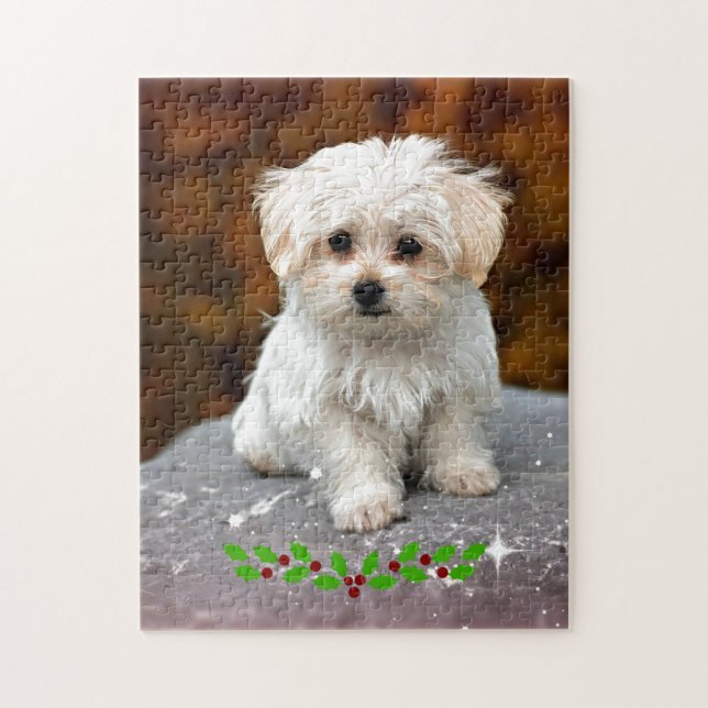 Maltese Puppy with Christmas holly Jigsaw Puzzle (Vertical)