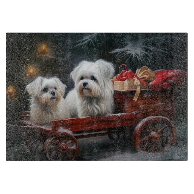 Maltese Snowy Sleigh Christmas Decor Cutting Board (Front)