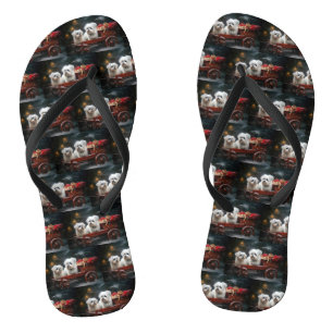 Maltese Snowy Sleigh Christmas Decor Flip Flops