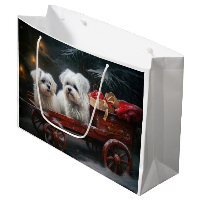 Maltese Snowy Sleigh Christmas Decor Large Gift Bag (Front Angled)