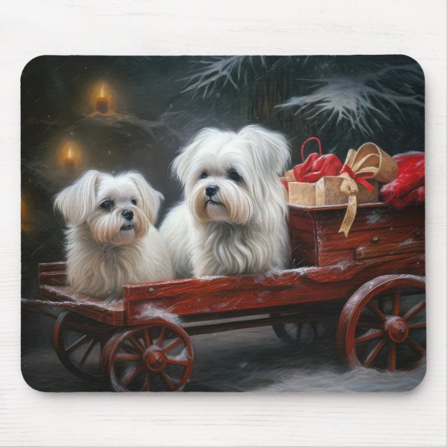 Maltese Snowy Sleigh Christmas Decor Mouse Pad (Front)