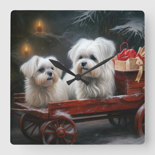 Maltese Snowy Sleigh Christmas Decor Square Wall Clock (Front)