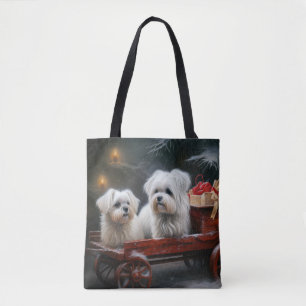 Maltese Snowy Sleigh Christmas Decor Tote Bag