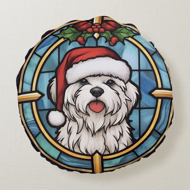 Maltese Stained Glass Christmas Round Pillow (Back)