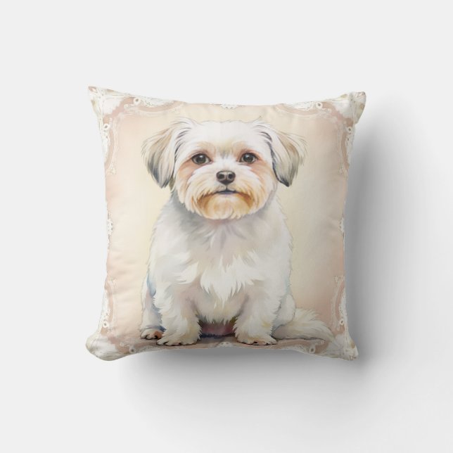 Maltese Watercolor Lace Pattern Art Throw Pillow (Front)
