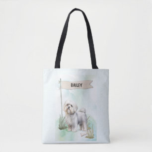 Maltese Watercolor Personalized Dog Tote Bag