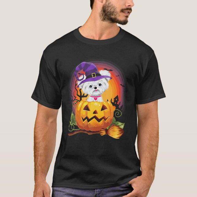 Maltese Witch Pumpkin Halloween Dog Lover Costume T-Shirt (Front)