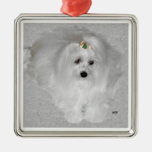 Maltese with Christmas Bow Metal Ornament