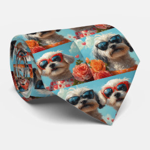 Maltese with Heart Roses Valentine's Day  Tie