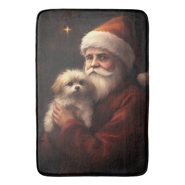 Maltese With Santa Claus Festive Christmas  Bath Mat (Front Vertical)