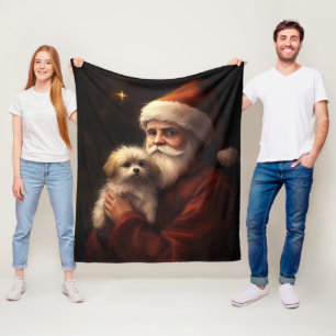 Maltese With Santa Claus Festive Christmas  Fleece Blanket