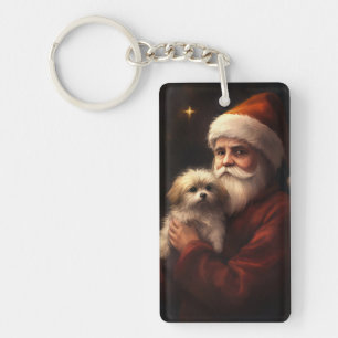 Maltese With Santa Claus Festive Christmas Keychain