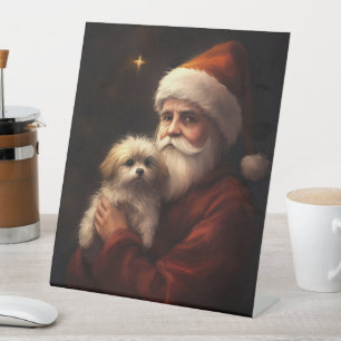 Maltese With Santa Claus Festive Christmas  Pedestal Sign
