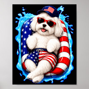 Maltese with sunglasses patriotic dog summer pool poster