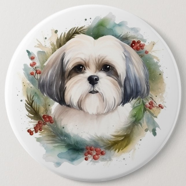 Malti Tzu Christmas Wreath Festive Pup 6 Inch Round Button (Front)