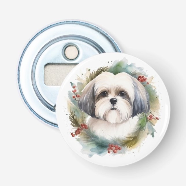 Malti Tzu Christmas Wreath Festive Pup Bottle Opener (Front)
