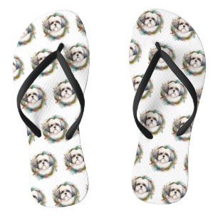 Malti Tzu Christmas Wreath Festive Pup Flip Flops