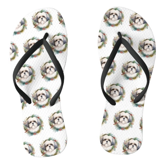 Malti Tzu Christmas Wreath Festive Pup Flip Flops (Footbed)