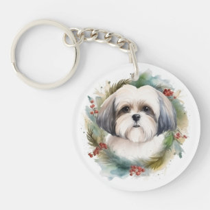 Malti Tzu Christmas Wreath Festive Pup Keychain